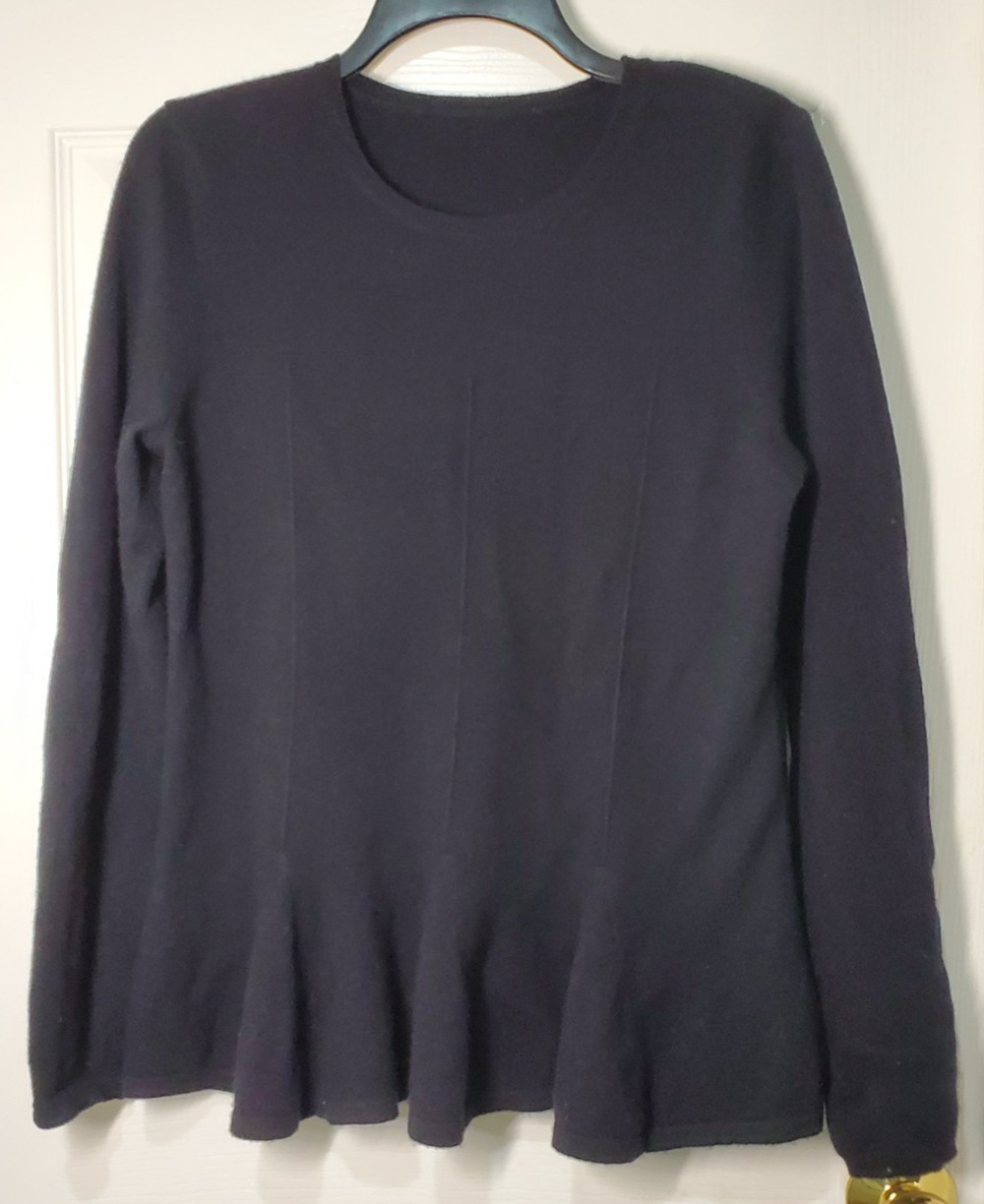 100% Cashmere Womens Black Peplum Sweater Long Sleeve Crew Neck Knit Top